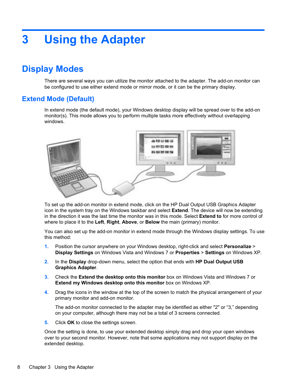 Using the adapter, Display modes, Extend mode (default) | 3 using the adapter, 3using the adapter | HP USB Dual Output USB Graphics Adapter User Manual | Page 14 / 27