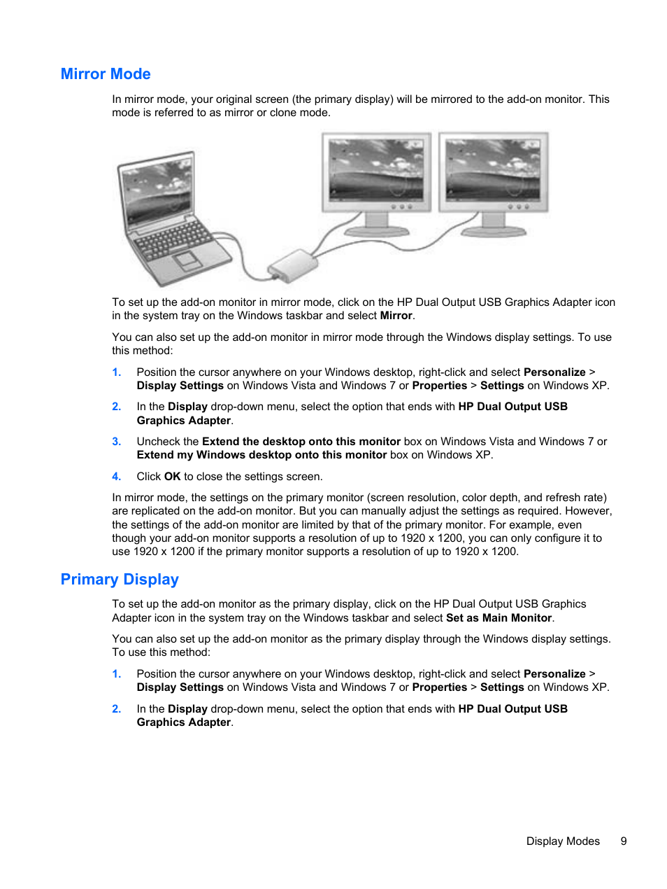 Mirror mode, Primary display, Mirror mode primary display | HP USB Dual Output USB Graphics Adapter User Manual | Page 15 / 27