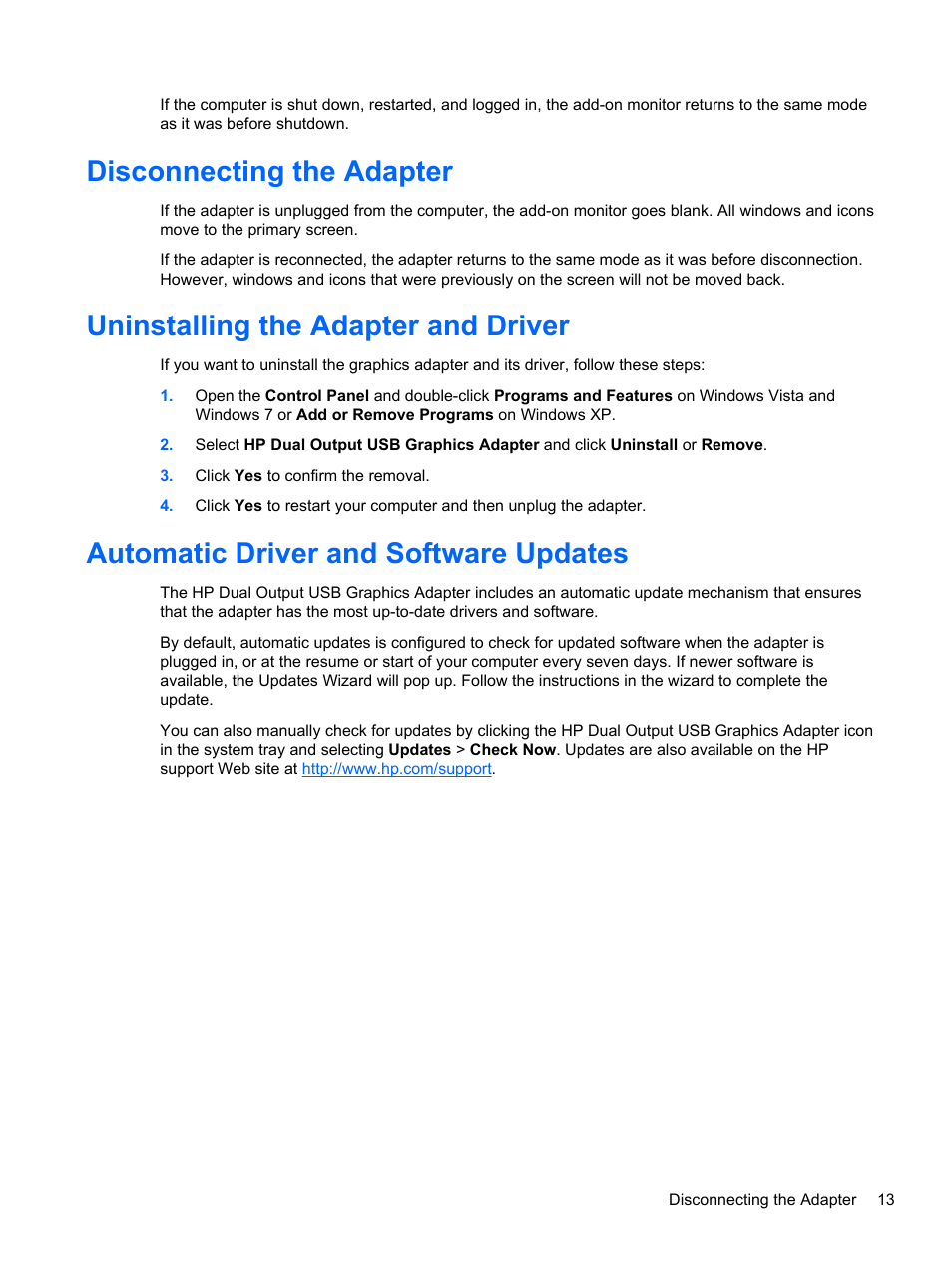 Disconnecting the adapter, Uninstalling the adapter and driver, Automatic driver and software updates | HP USB Dual Output USB Graphics Adapter User Manual | Page 19 / 27