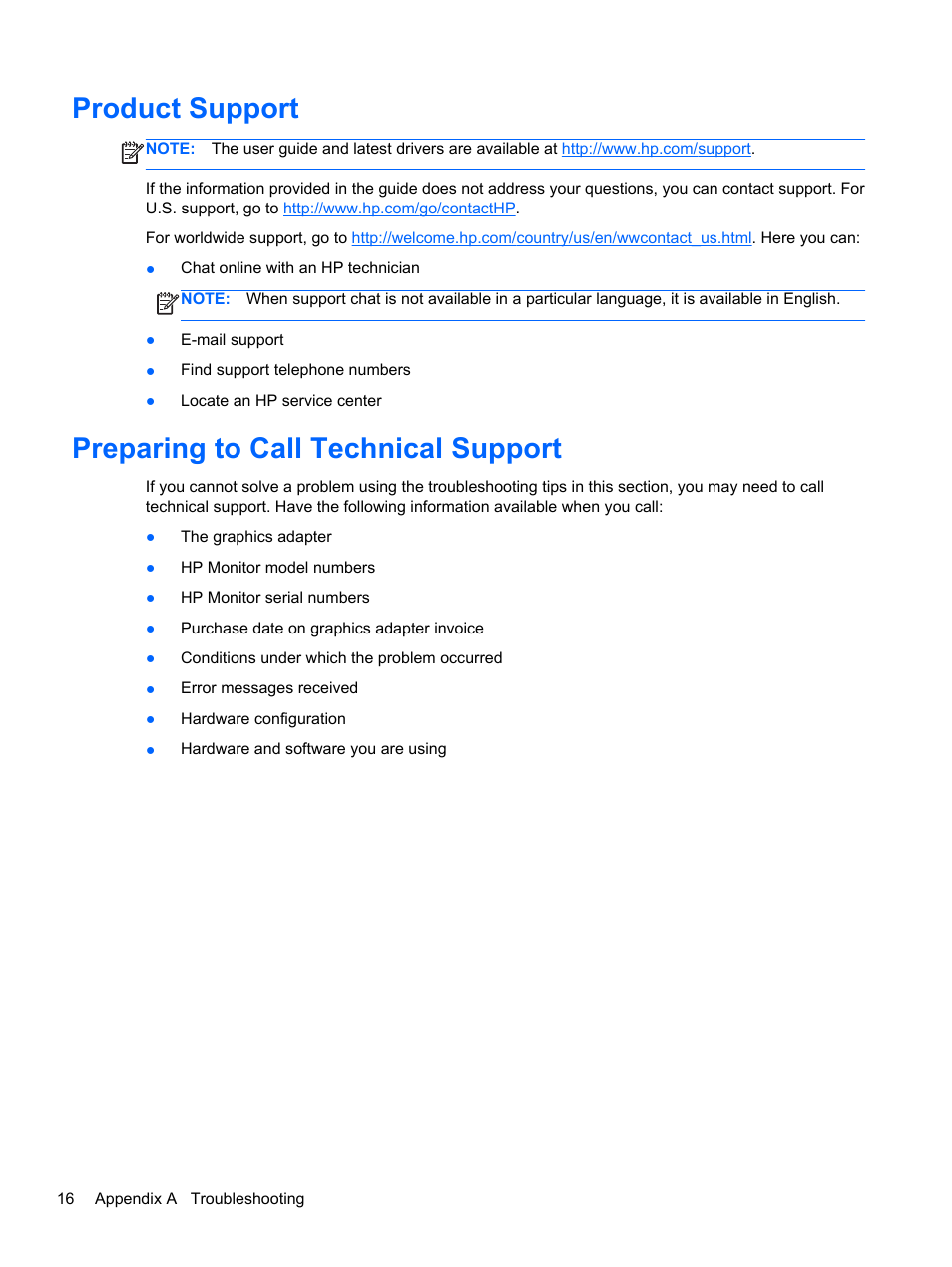 Product support, Preparing to call technical support | HP USB Dual Output USB Graphics Adapter User Manual | Page 22 / 27