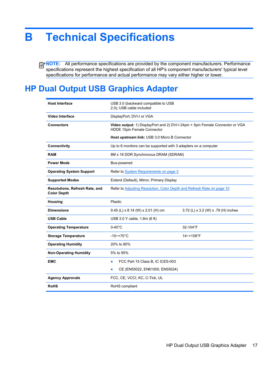 Technical specifications, Hp dual output usb graphics adapter, Appendix b technical specifications | Btechnical specifications | HP USB Dual Output USB Graphics Adapter User Manual | Page 23 / 27