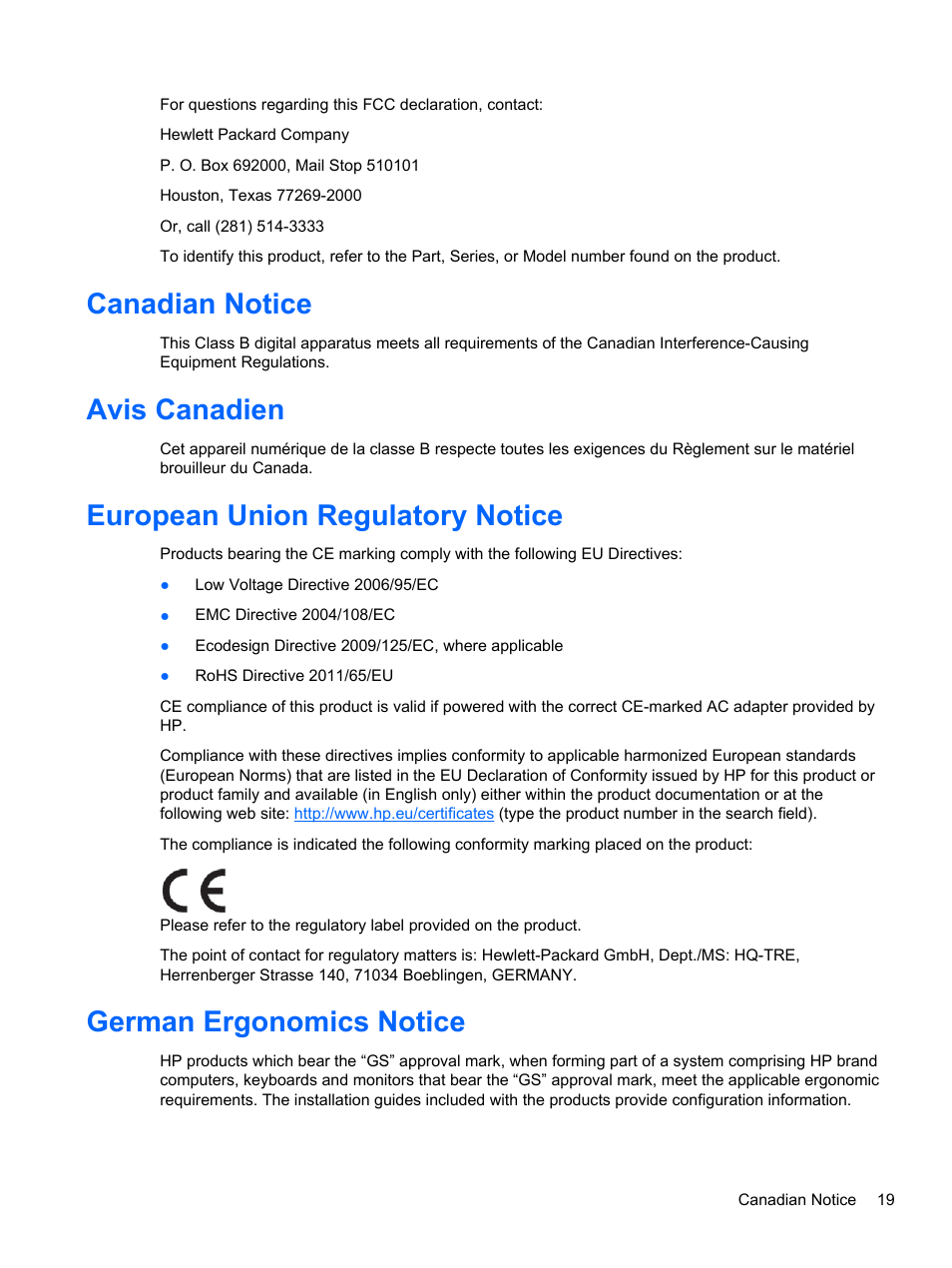 Canadian notice, Avis canadien, European union regulatory notice | German ergonomics notice | HP USB Dual Output USB Graphics Adapter User Manual | Page 25 / 27
