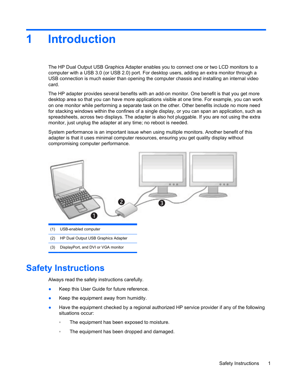 Introduction, Safety instructions, 1 introduction | 1introduction | HP USB Dual Output USB Graphics Adapter User Manual | Page 7 / 27