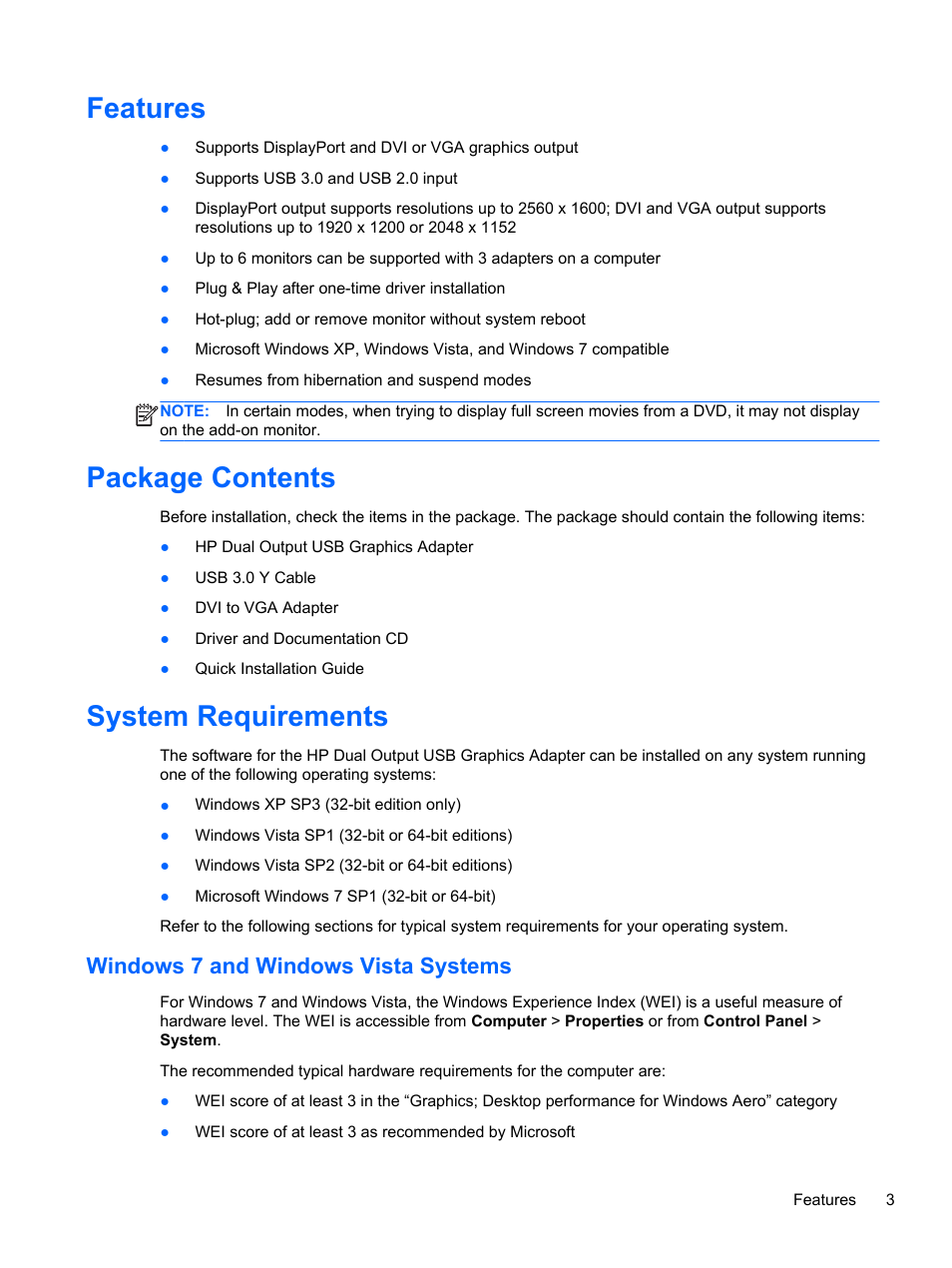 Features, Package contents, System requirements | Windows 7 and windows vista systems, Features package contents system requirements | HP USB Dual Output USB Graphics Adapter User Manual | Page 9 / 27