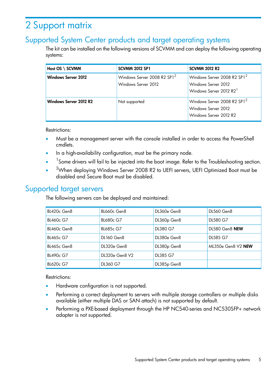 2 support matrix, Supported target servers | HP OneView for Microsoft System Center User Manual | Page 5 / 15