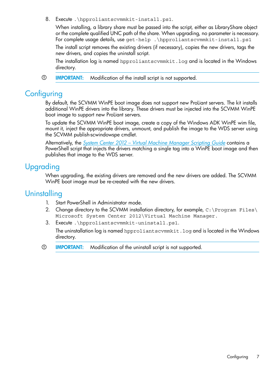 Configuring, Upgrading, Uninstalling | Configuring upgrading uninstalling | HP OneView for Microsoft System Center User Manual | Page 7 / 15