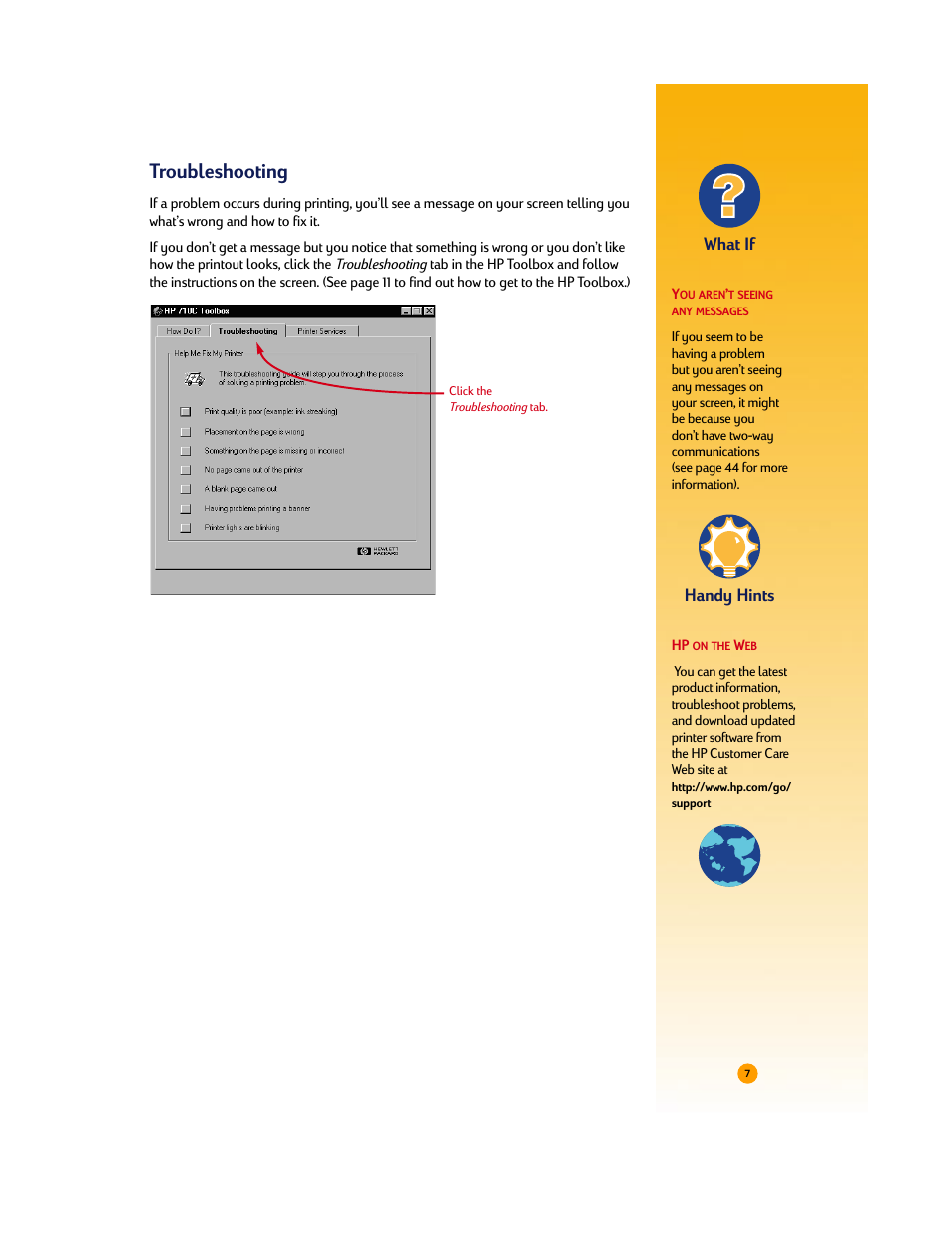 Troubleshooting, What if, Handy hints | HP Deskjet 710c Printer User Manual | Page 28 / 90