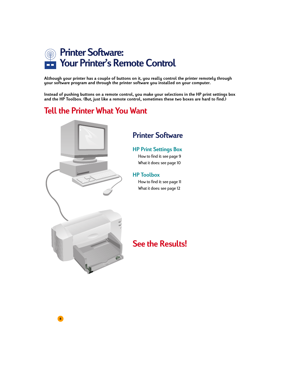 Printer software, Hp print settings box, Hp toolbox | Printer software: your printer’s remote control, Tell the printer what you want, See the results | HP Deskjet 710c Printer User Manual | Page 29 / 90