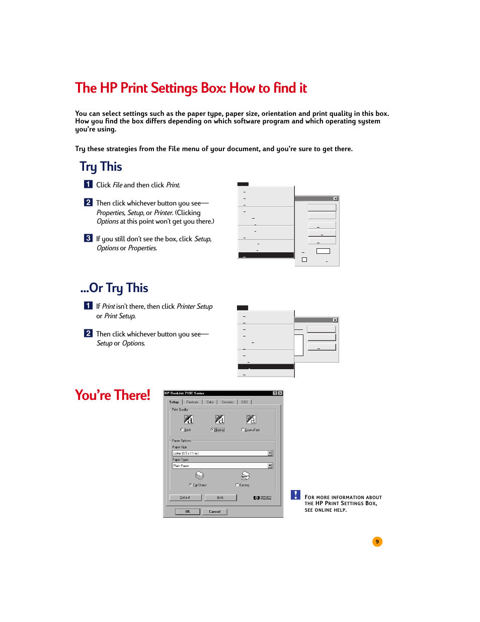 The hp print settings box: how to find it, You’re there, Or try this | Try this, Click file and then click print | HP Deskjet 710c Printer User Manual | Page 30 / 90