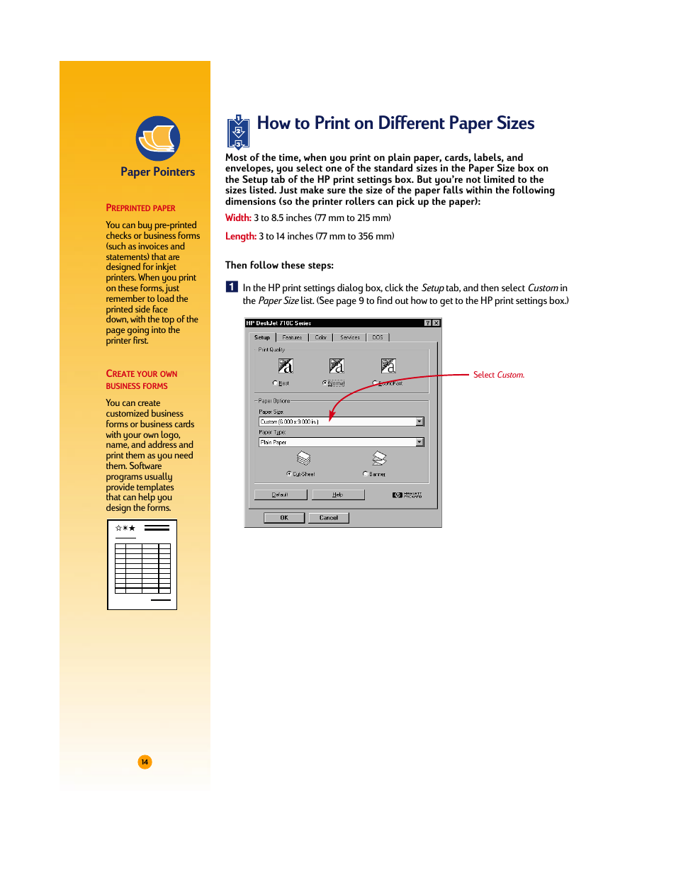 How to print on different paper sizes, Paper pointers | HP Deskjet 710c Printer User Manual | Page 35 / 90