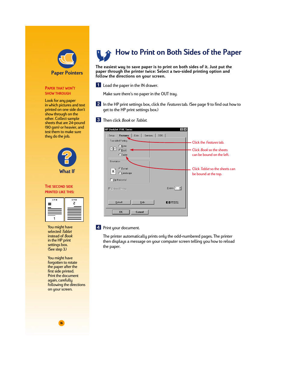 How to print on both sides of the paper, Paper pointers, What if | HP Deskjet 710c Printer User Manual | Page 37 / 90