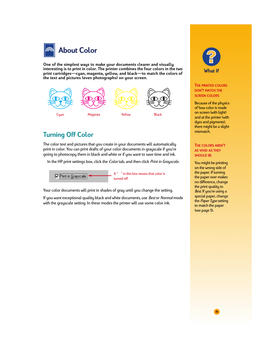 About color, Turning off color, What if | HP Deskjet 710c Printer User Manual | Page 40 / 90