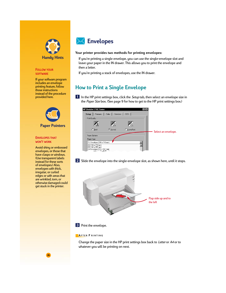 Envelopes, How to print a single envelope, Handy hints | Paper pointers | HP Deskjet 710c Printer User Manual | Page 47 / 90