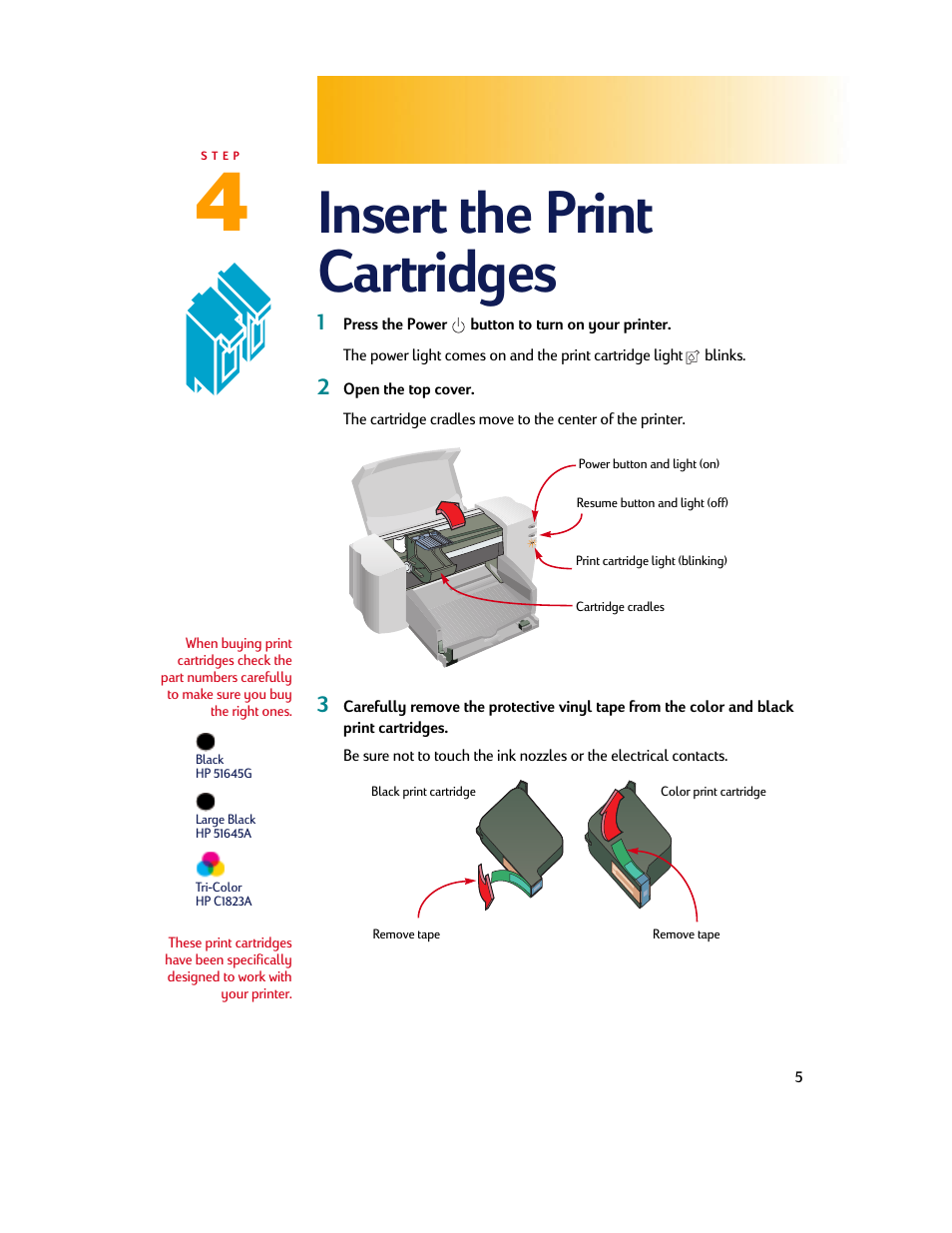 Insert the print cartridges | HP Deskjet 710c Printer User Manual | Page 5 / 90