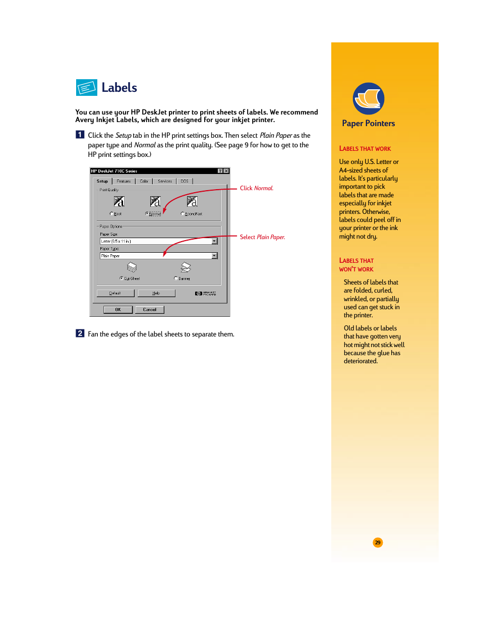 Labels, Paper pointers | HP Deskjet 710c Printer User Manual | Page 50 / 90