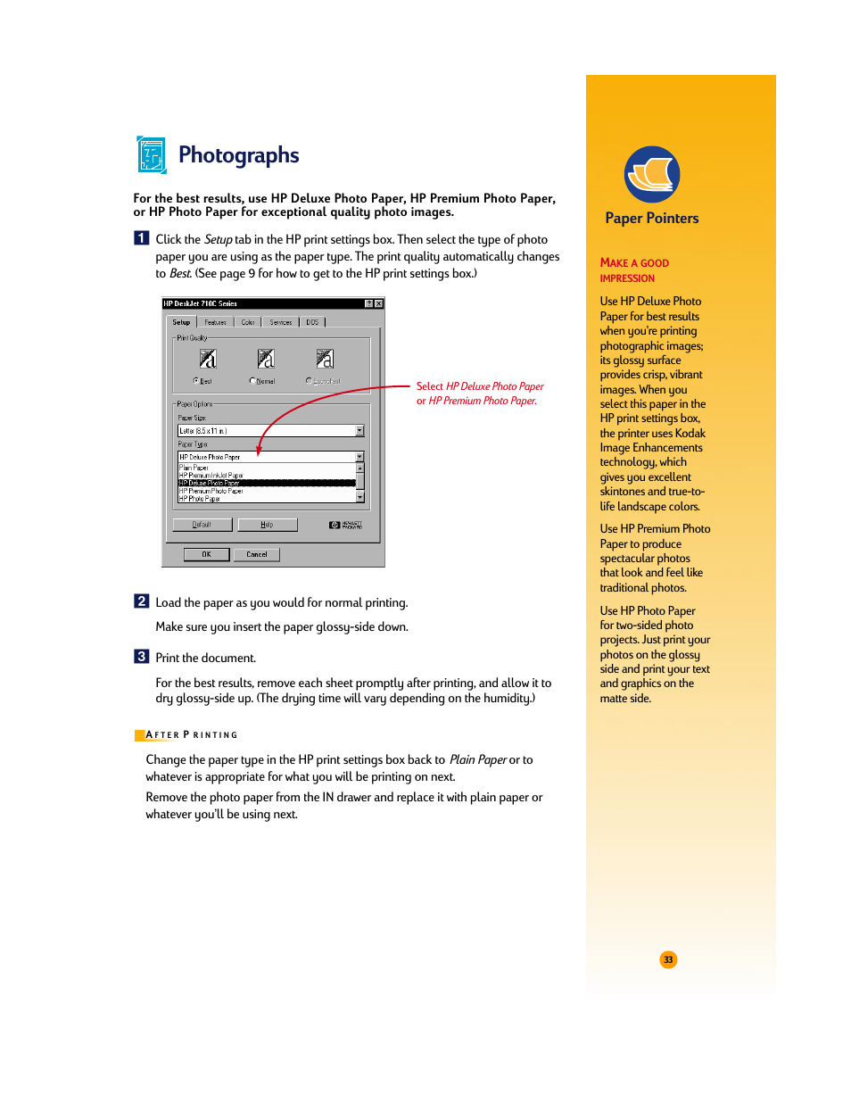 Photographs, Paper pointers | HP Deskjet 710c Printer User Manual | Page 54 / 90