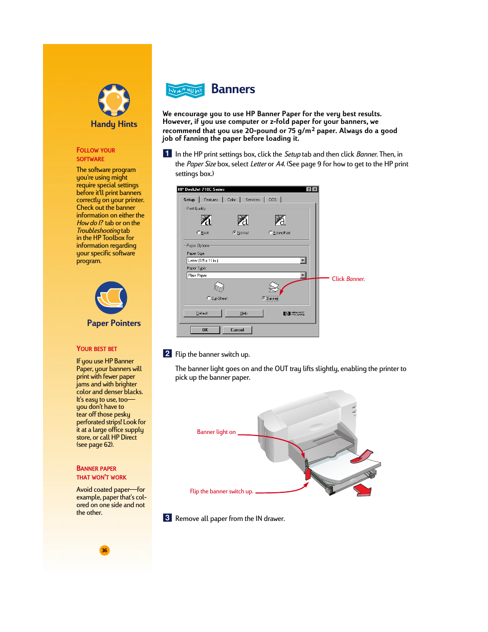 Banners, Handy hints, Paper pointers | HP Deskjet 710c Printer User Manual | Page 57 / 90