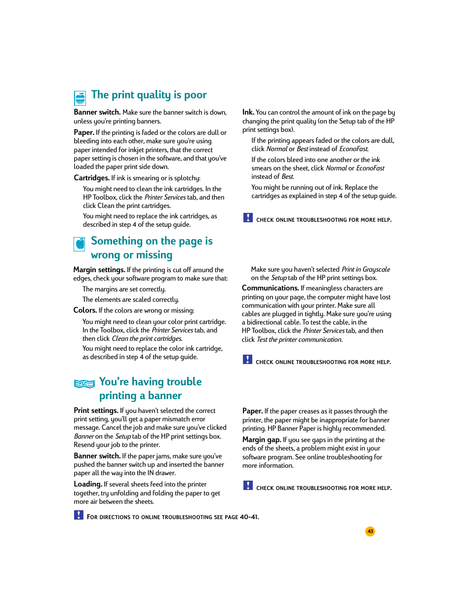 The print quality is poor, You’re having trouble printing a banner, Something on the page is wrong or missing | HP Deskjet 710c Printer User Manual | Page 64 / 90