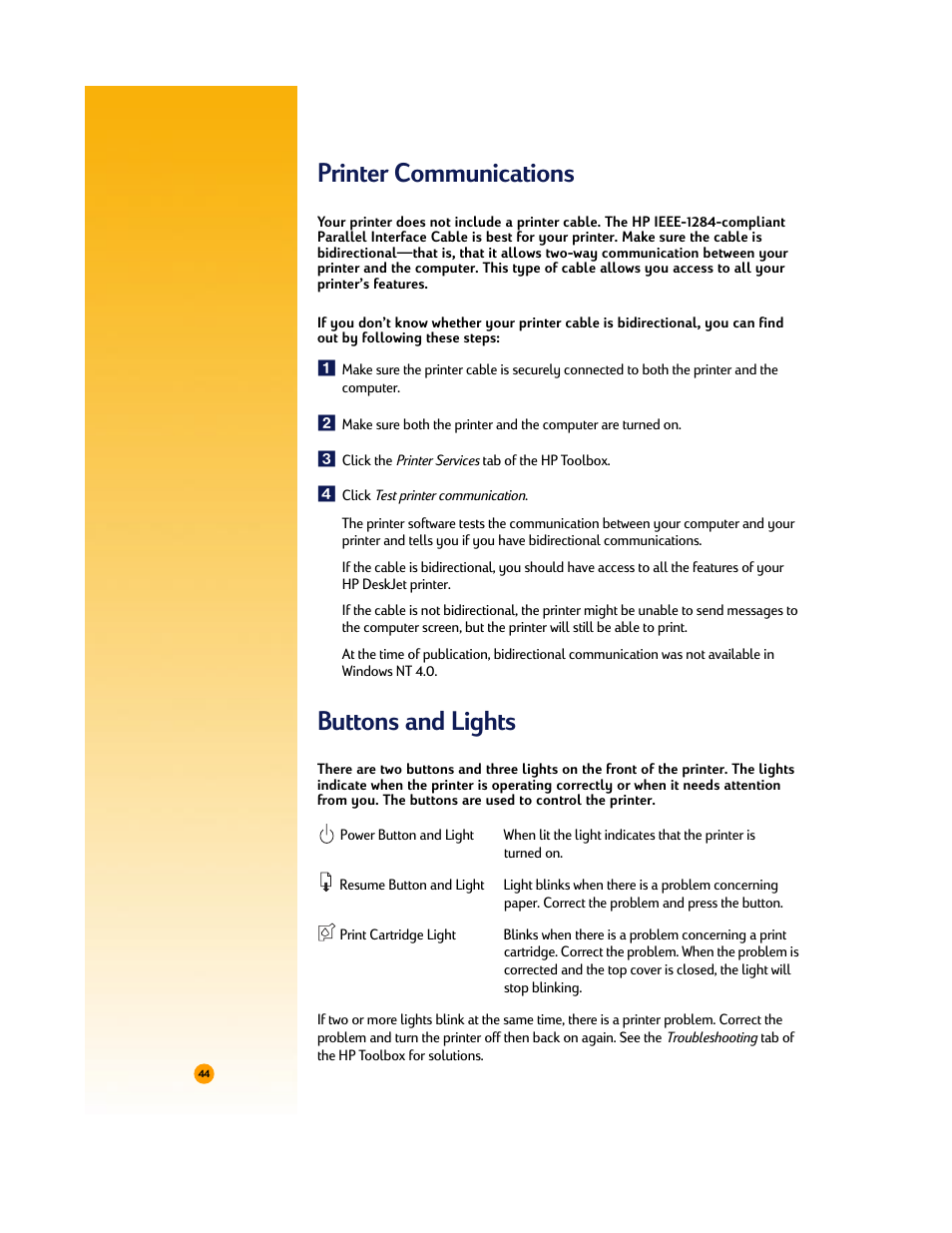 Printer communications, Buttons and lights | HP Deskjet 710c Printer User Manual | Page 65 / 90
