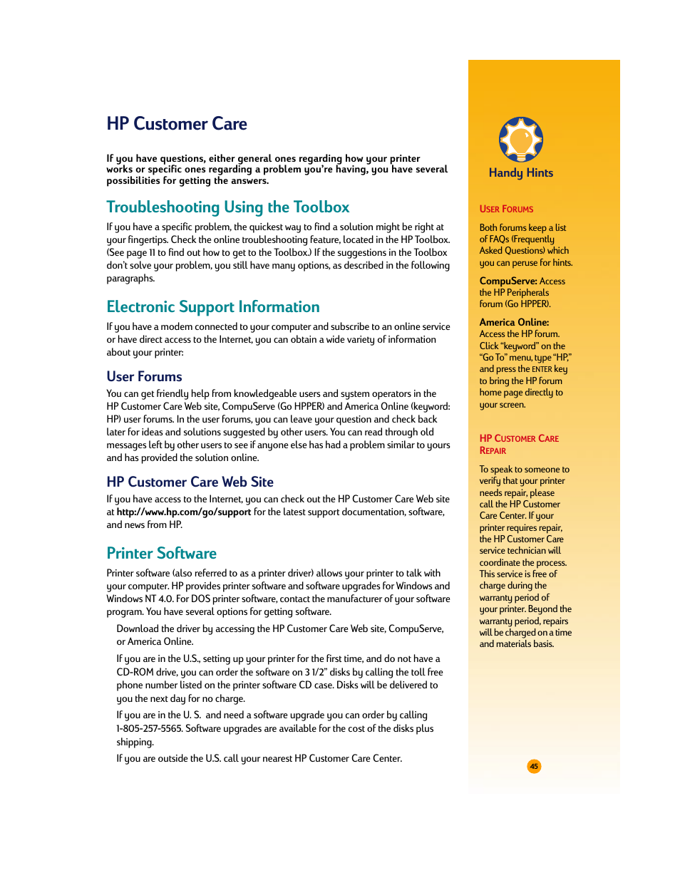 Hp customer care, Troubleshooting using the toolbox, Electronic support information | Printer software, User forums, Hp customer care web site | HP Deskjet 710c Printer User Manual | Page 66 / 90