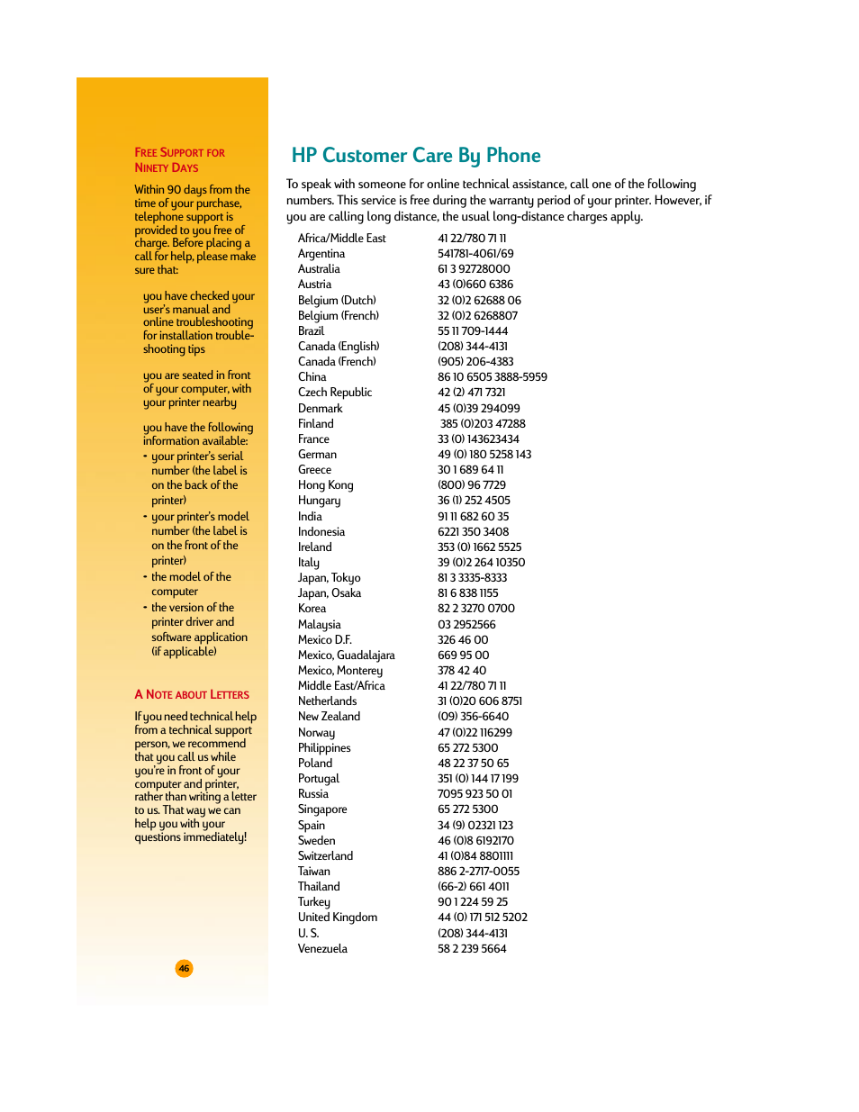 Hp customer care by phone | HP Deskjet 710c Printer User Manual | Page 67 / 90