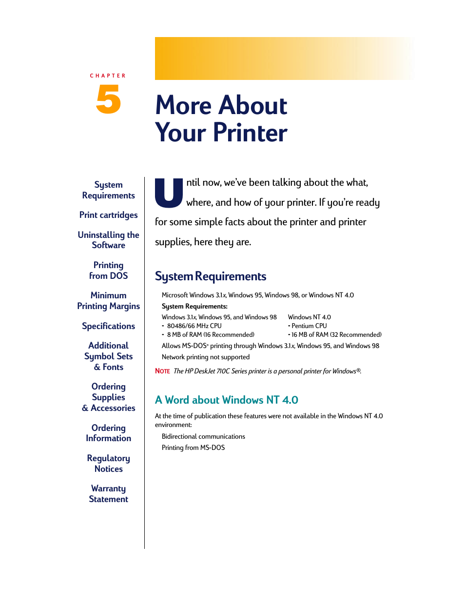 More about your printer, System requirements, Hapter | System, Requirements, A word about windows nt 4.0 | HP Deskjet 710c Printer User Manual | Page 69 / 90