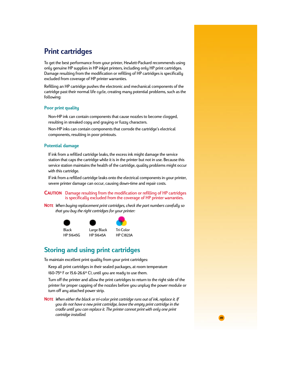 Print cartridges, Storing and using print cartridges | HP Deskjet 710c Printer User Manual | Page 70 / 90