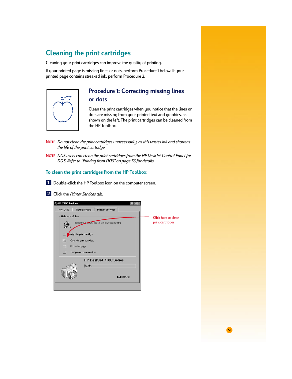 Cleaning the print cartridges, Procedure 1: correcting missing lines or dots | HP Deskjet 710c Printer User Manual | Page 72 / 90