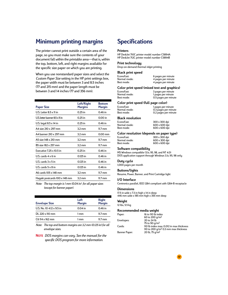 Minimum printing margins, Specifications | HP Deskjet 710c Printer User Manual | Page 78 / 90