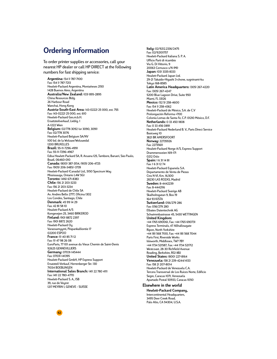 Ordering information, Elsewhere in the world | HP Deskjet 710c Printer User Manual | Page 83 / 90