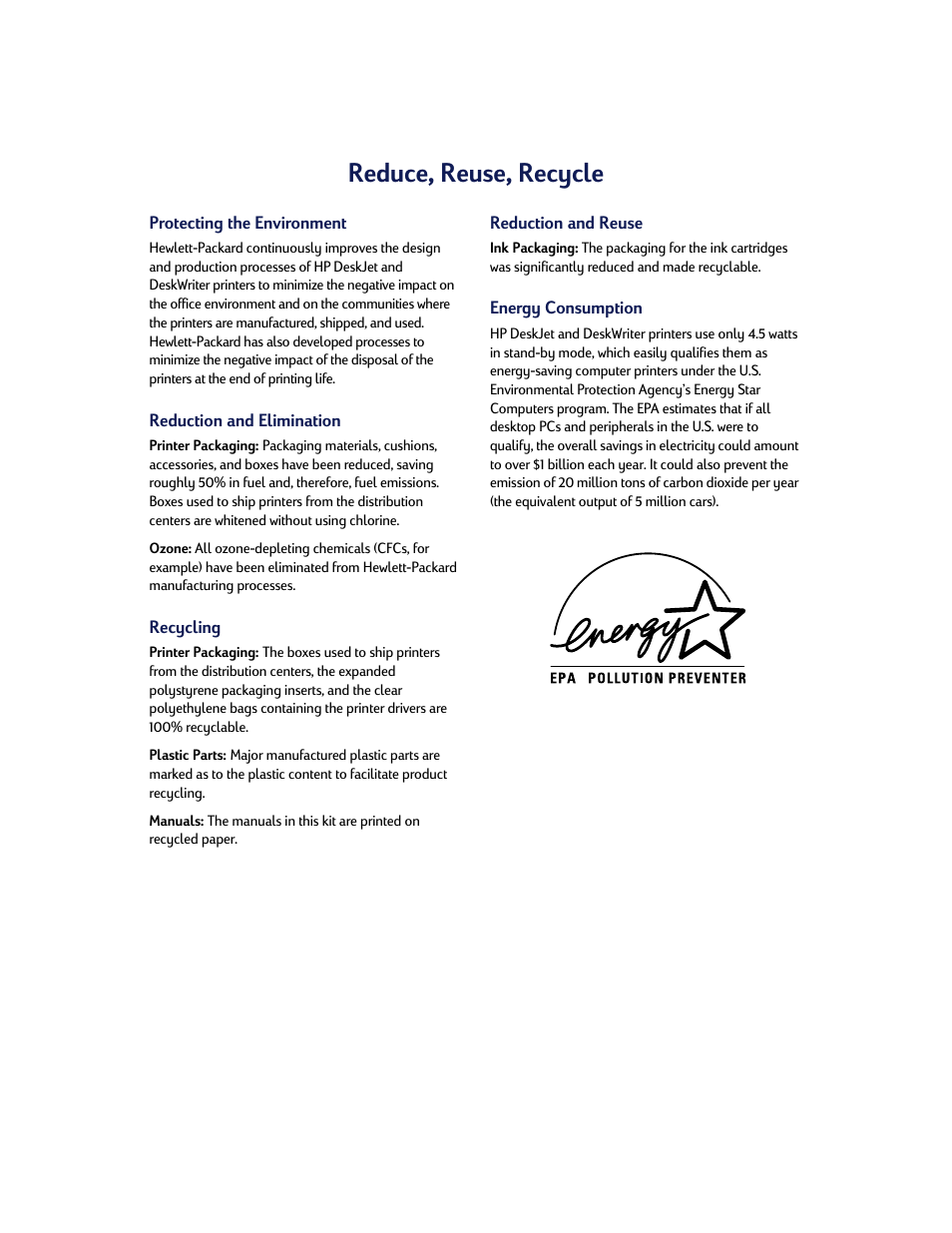 Reduce, reuse, recycle | HP Deskjet 710c Printer User Manual | Page 90 / 90