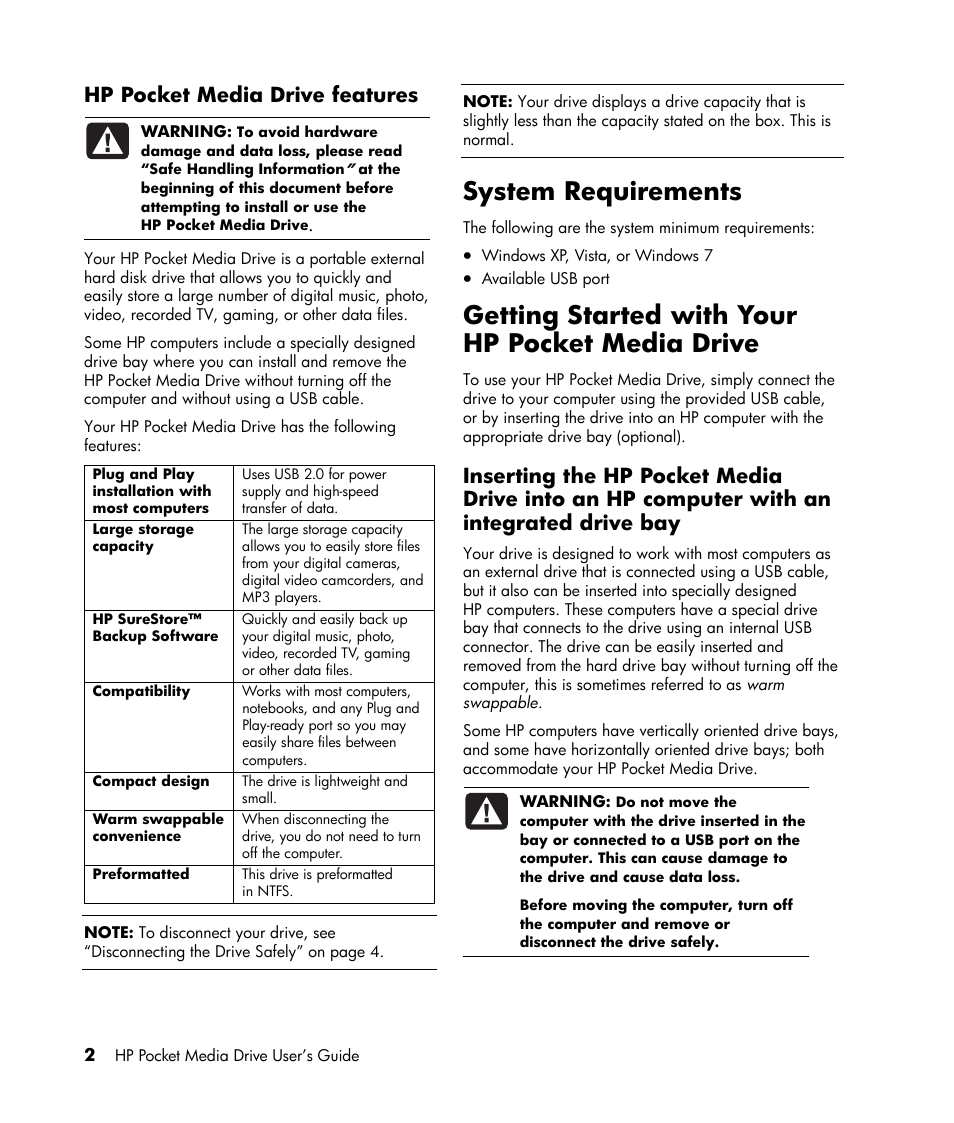 Hp pocket media drive features, System requirements, Getting started with your hp pocket media drive | Drive bay | HP PD6400z Pocket Media Drive User Manual | Page 6 / 13
