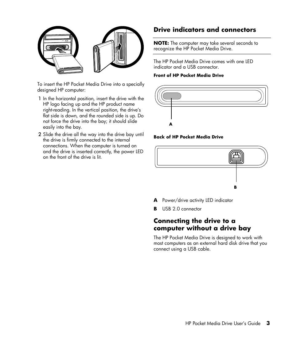 Drive indicators and connectors | HP PD6400z Pocket Media Drive User Manual | Page 7 / 13