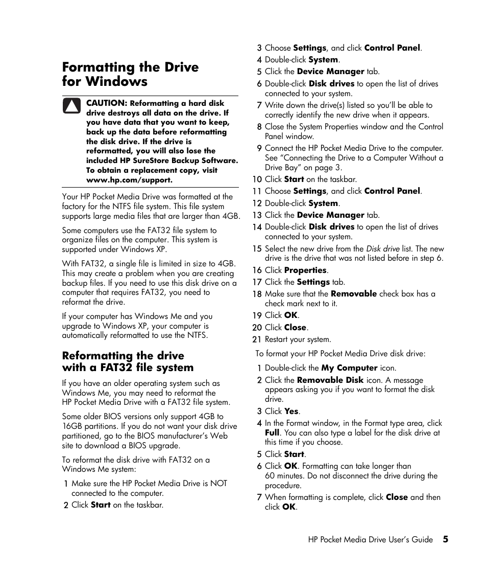 Formatting the drive for windows, Reformatting the drive with a fat32 file system | HP PD6400z Pocket Media Drive User Manual | Page 9 / 13