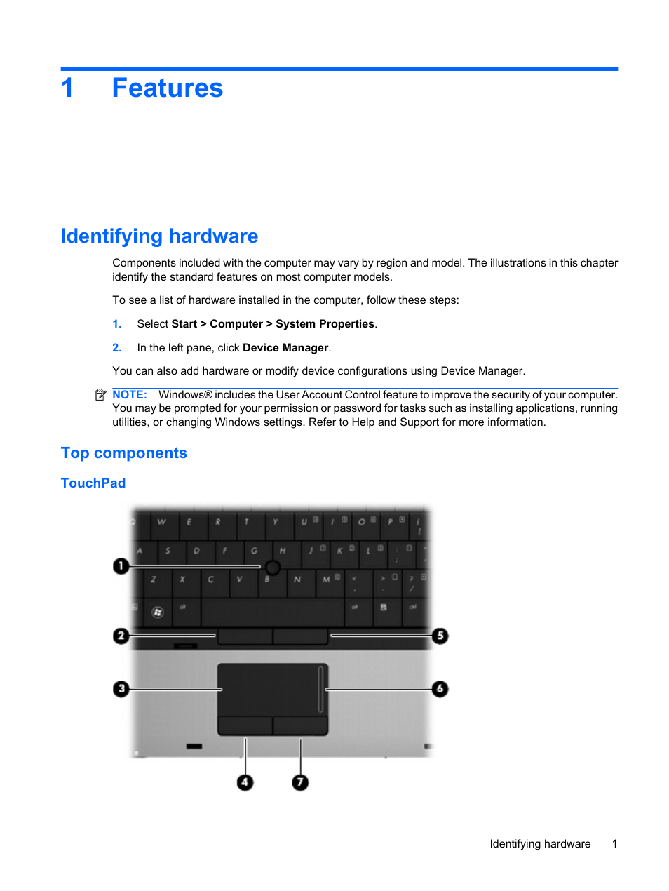 Features, Identifying hardware, Top components | Touchpad, 1 features, 1features | HP ProBook 6555b Notebook-PC User Manual | Page 11 / 176