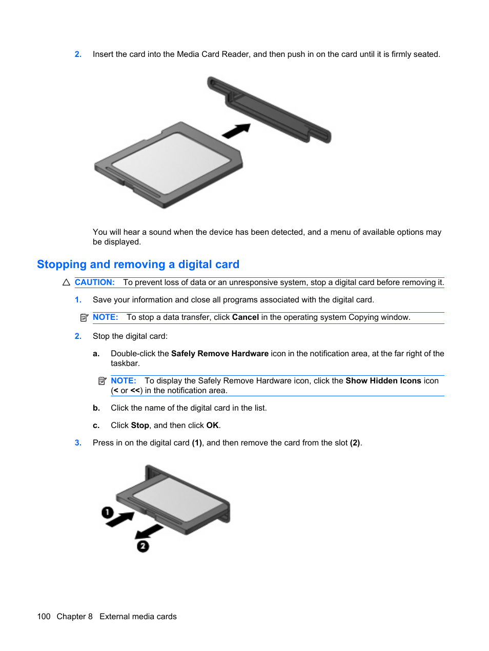 Stopping and removing a digital card | HP ProBook 6555b Notebook-PC User Manual | Page 110 / 176