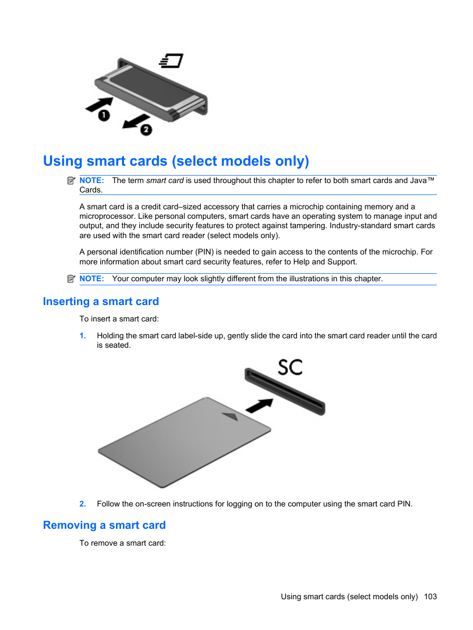 Using smart cards (select models only), Inserting a smart card, Removing a smart card | Inserting a smart card removing a smart card | HP ProBook 6555b Notebook-PC User Manual | Page 113 / 176