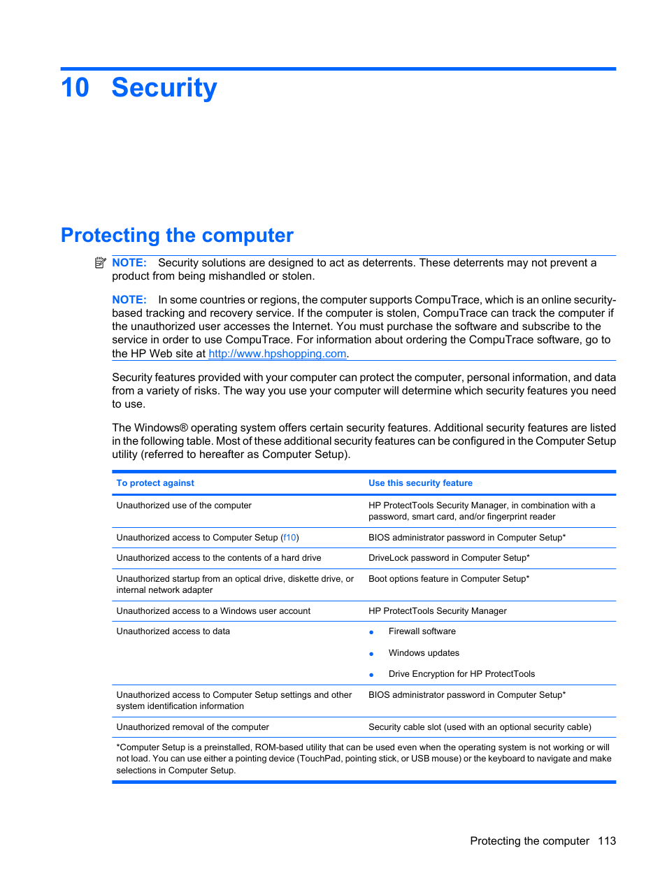 Security, Protecting the computer, 10 security | HP ProBook 6555b Notebook-PC User Manual | Page 123 / 176