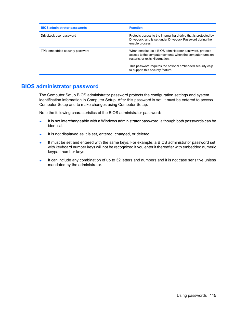 Bios administrator password | HP ProBook 6555b Notebook-PC User Manual | Page 125 / 176