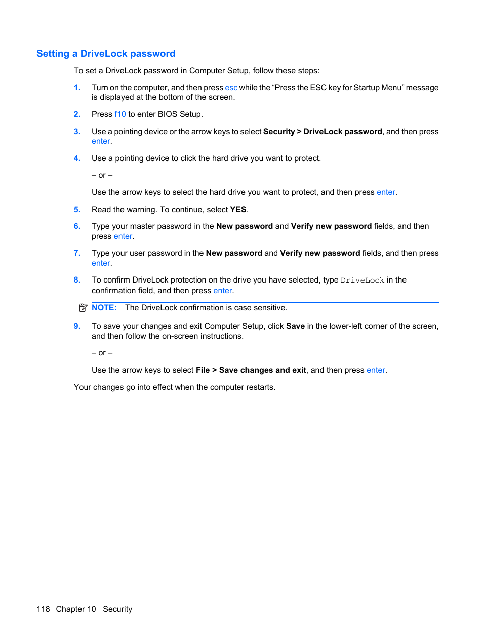 Setting a drivelock password | HP ProBook 6555b Notebook-PC User Manual | Page 128 / 176