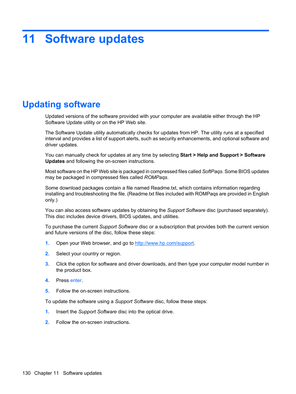 Software updates, Updating software, 11 software updates | HP ProBook 6555b Notebook-PC User Manual | Page 140 / 176