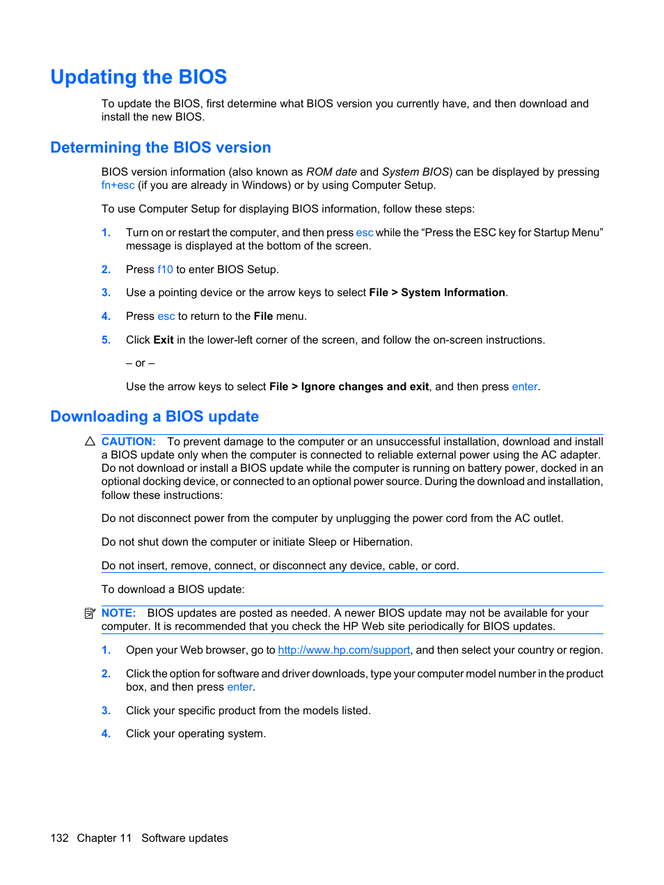 Updating the bios, Determining the bios version, Downloading a bios update | HP ProBook 6555b Notebook-PC User Manual | Page 142 / 176