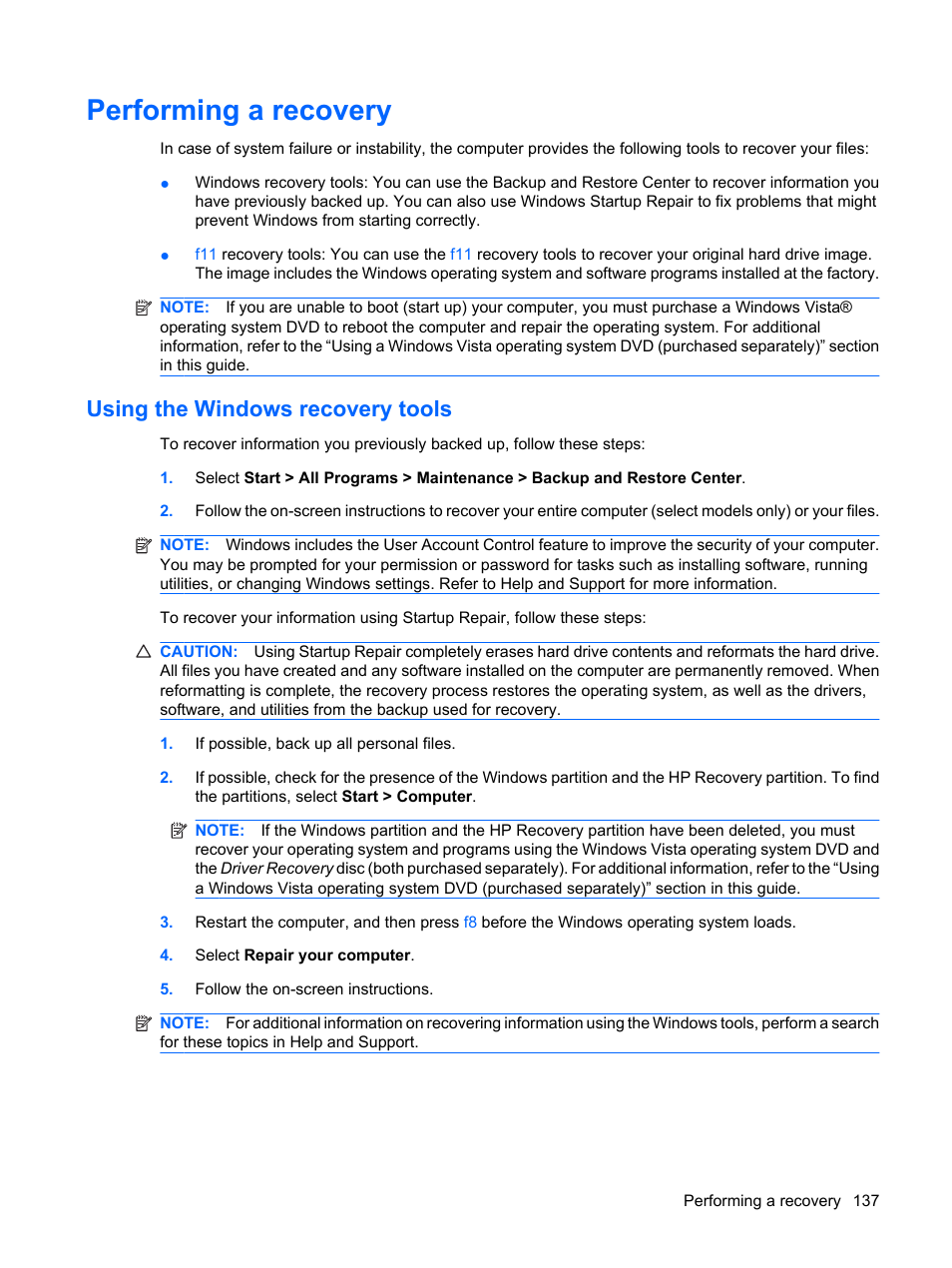 Performing a recovery, Using the windows recovery tools | HP ProBook 6555b Notebook-PC User Manual | Page 147 / 176