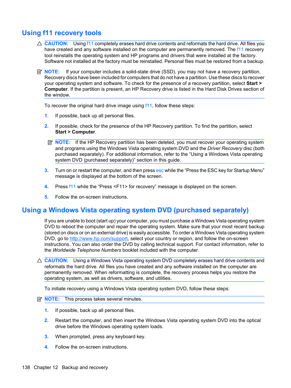 Using f11 recovery tools | HP ProBook 6555b Notebook-PC User Manual | Page 148 / 176