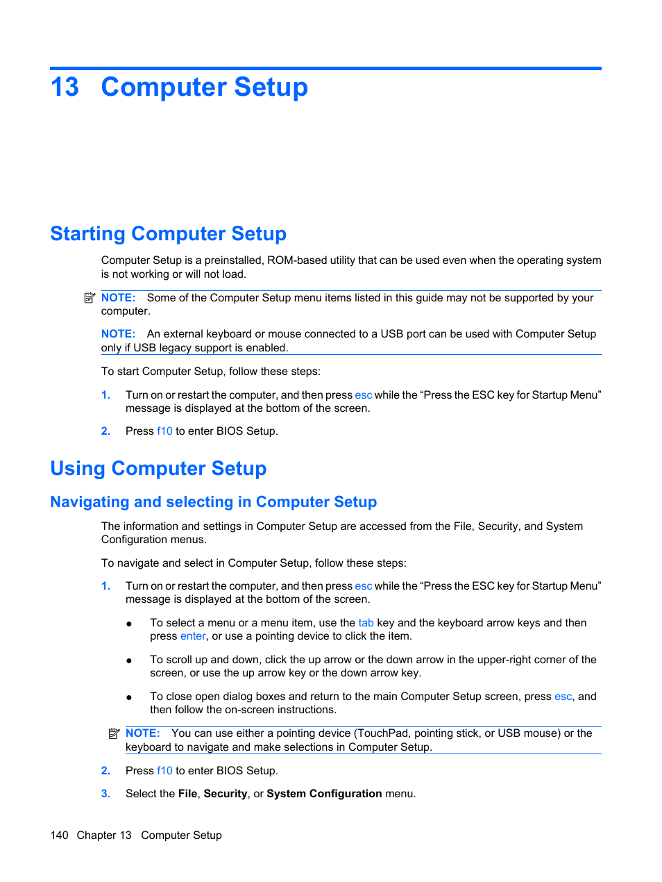 Computer setup, Starting computer setup, Using computer setup | Navigating and selecting in computer setup, 13 computer setup, Starting computer setup using computer setup | HP ProBook 6555b Notebook-PC User Manual | Page 150 / 176