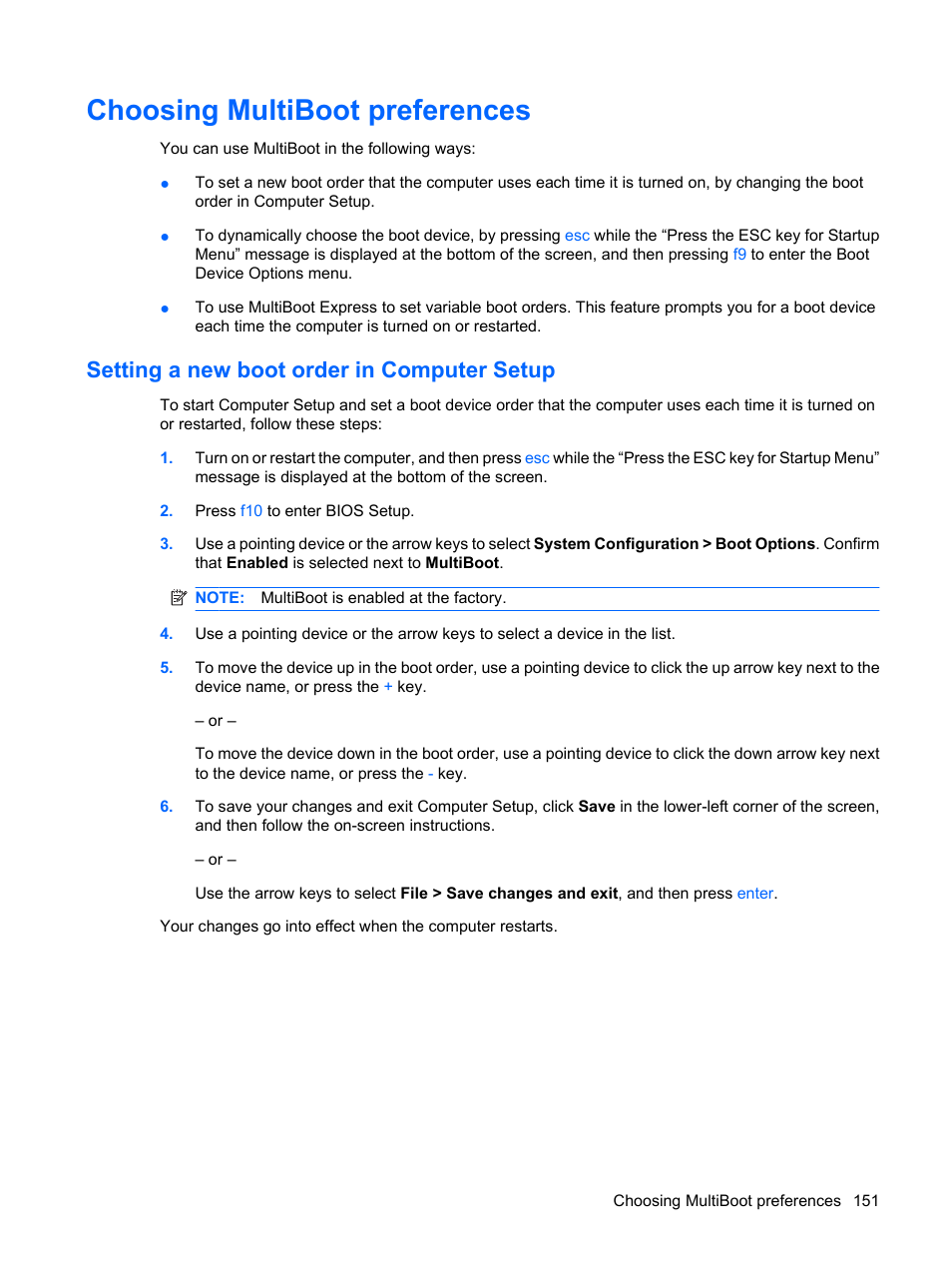 Choosing multiboot preferences, Setting a new boot order in computer setup | HP ProBook 6555b Notebook-PC User Manual | Page 161 / 176