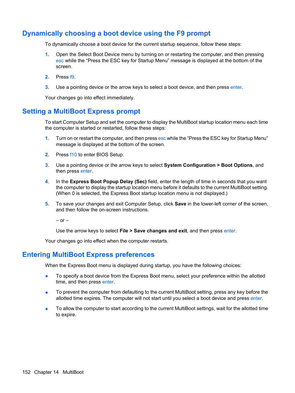 Setting a multiboot express prompt, Entering multiboot express preferences | HP ProBook 6555b Notebook-PC User Manual | Page 162 / 176