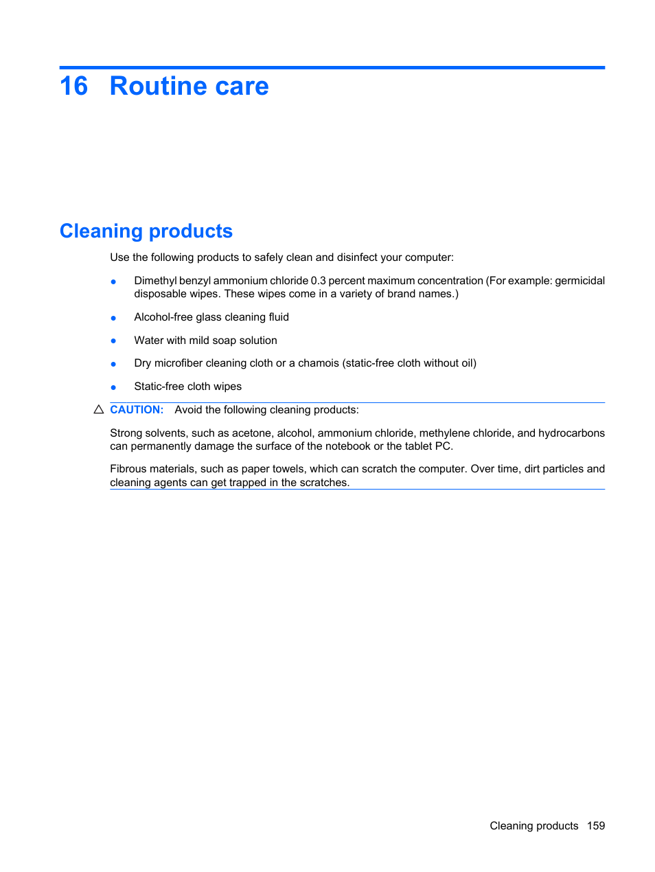 Routine care, Cleaning products, 16 routine care | HP ProBook 6555b Notebook-PC User Manual | Page 169 / 176