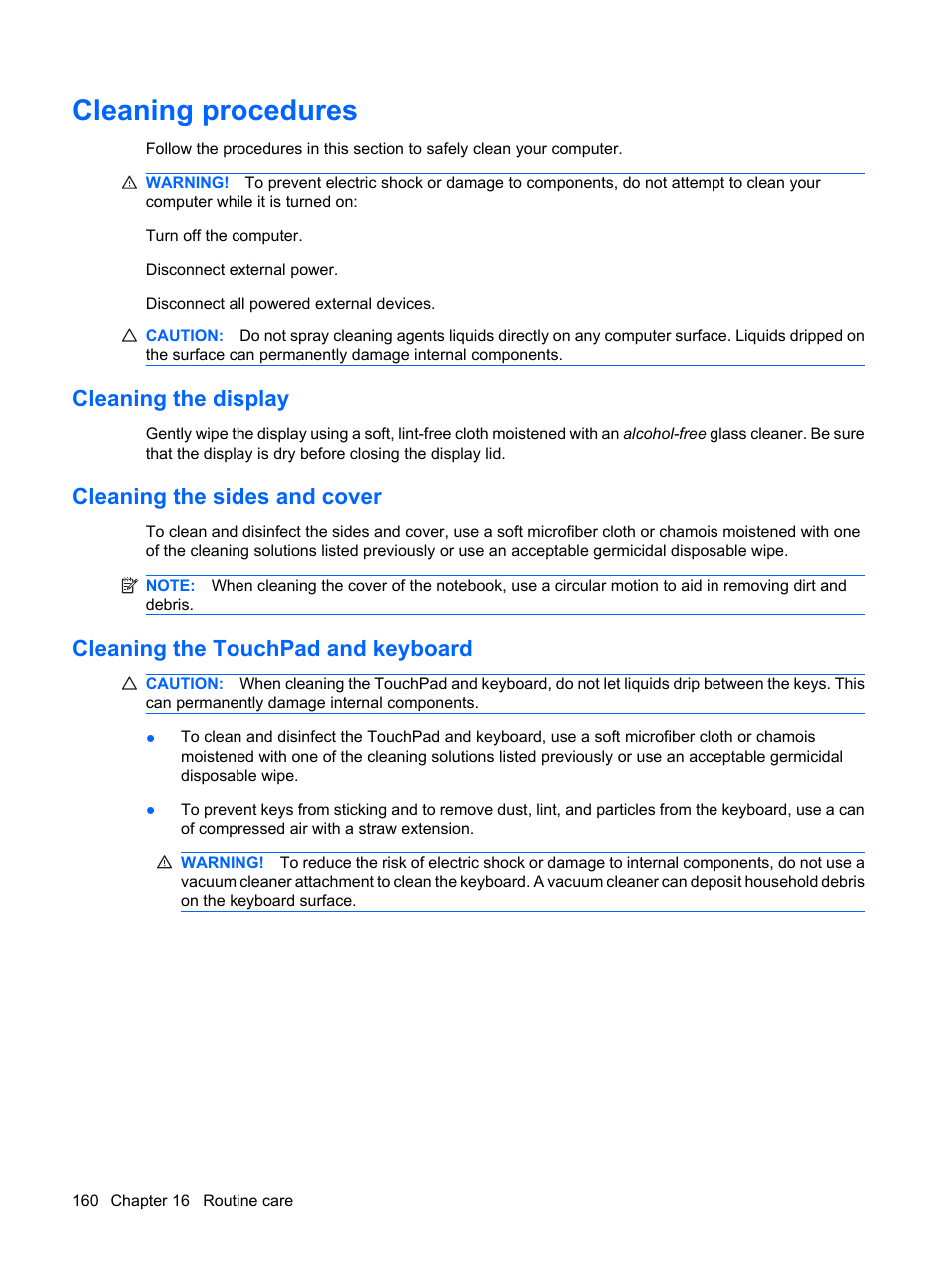 Cleaning procedures, Cleaning the display, Cleaning the sides and cover | Cleaning the touchpad and keyboard | HP ProBook 6555b Notebook-PC User Manual | Page 170 / 176