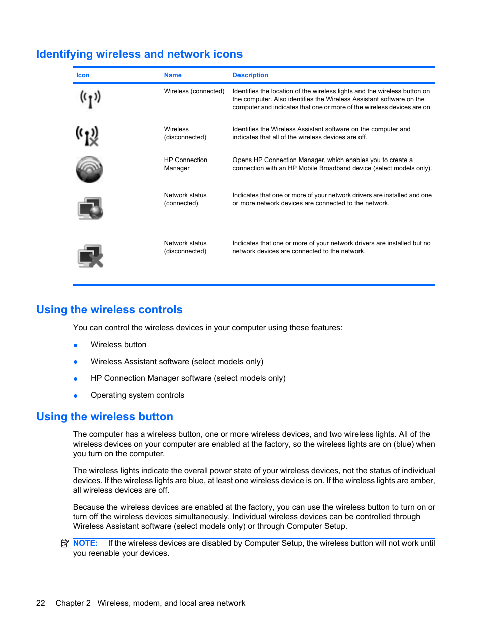 Identifying wireless and network icons, Using the wireless controls, Using the wireless button | HP ProBook 6555b Notebook-PC User Manual | Page 32 / 176